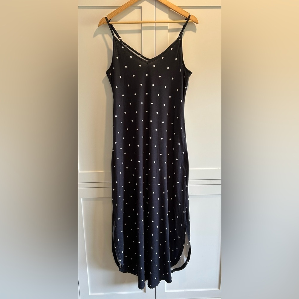 Navy and Wite Polka Dot Maxi Spagetti Straps Adjustable Dress Size Large